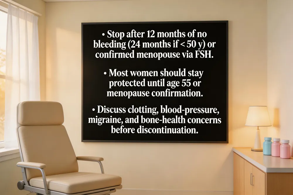 • Stop after 12 months of no bleeding (24 months if < 50 y) or confirmed menopause via FSH.
• Most women should stay protected until age 55 or menopause confirmation.
• Discuss clotting, blood‑pressure, migraine, and bone‑health concerns before discontinuation.