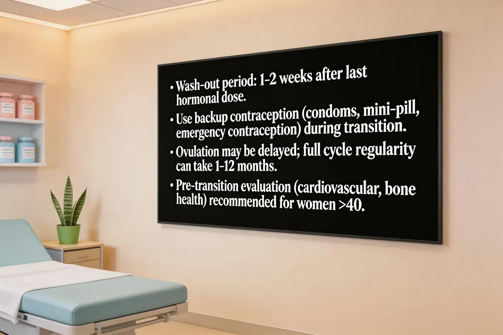 • Wash‑out period: 1‑2 weeks after last hormonal dose.
• Use backup contraception (condoms, mini‑pill, emergency contraception) during transition.
• Ovulation may be delayed; full cycle regularity can take 1‑12 months.
• Pre‑transition evaluation (cardiovascular, bone health) recommended for women > 40.