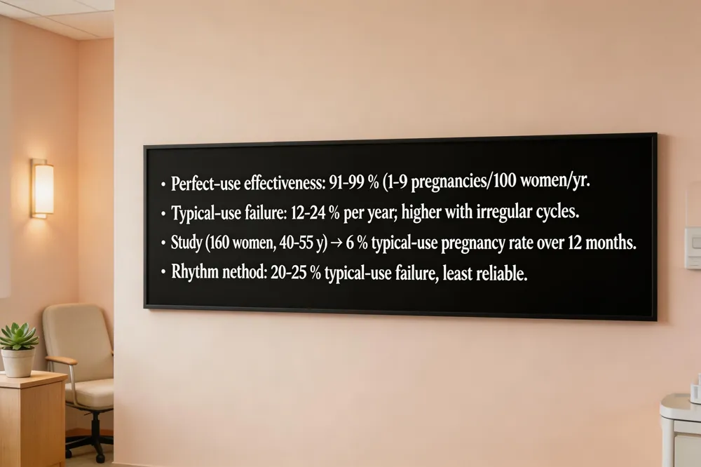 • Perfect‑use effectiveness: 91‑99 % (1‑9 pregnancies/100 women/yr).
• Typical‑use failure: 12‑24 % per year; higher with irregular cycles.
• Study (160 women, 40‑55 y) → 6 % typical‑use pregnancy rate over 12 months.
• Rhythm method: 20‑25 % typical‑use failure; least reliable.