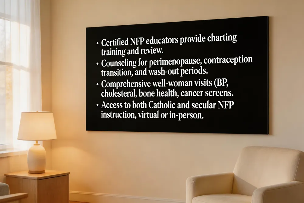 • Certified NFP educators provide charting training and review.
• Counseling for perimenopause, contraception transition, and wash‑out periods.
• Comprehensive well‑woman visits (BP, cholesterol, bone health, cancer screens).
• Access to both Catholic and secular NFP instruction, virtual or in‑person.
