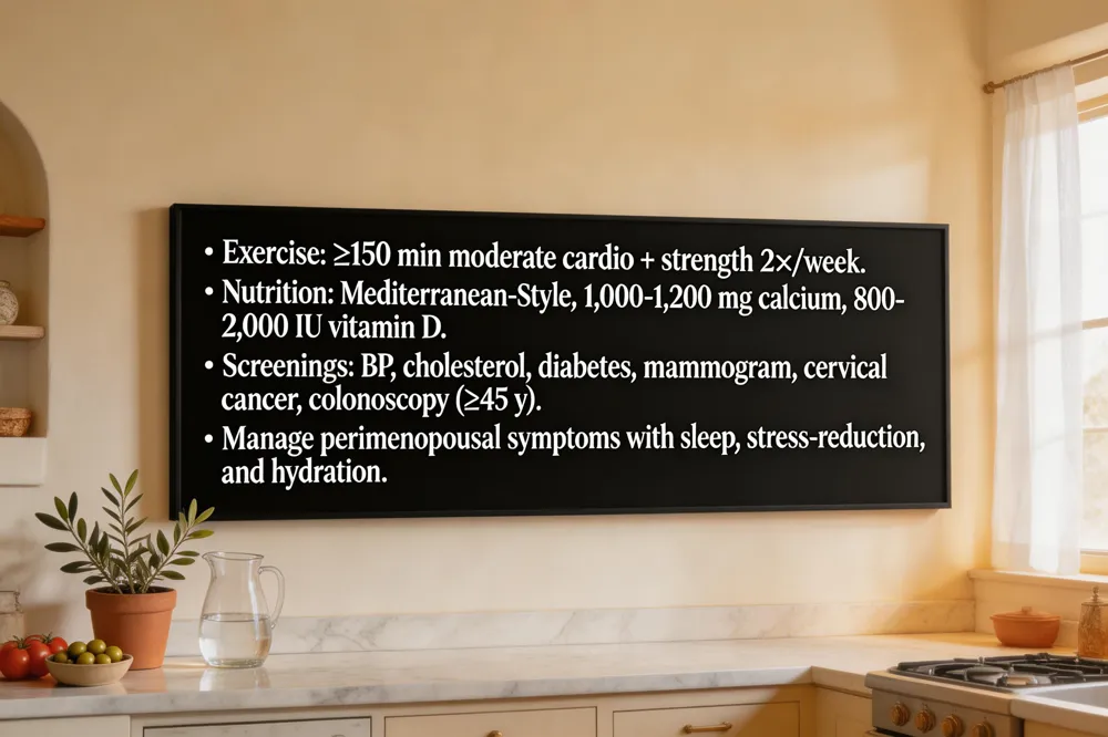 • Exercise: ≥150 min moderate cardio + strength 2×/week.
• Nutrition: Mediterranean‑style, 1,000‑1,200 mg calcium, 800‑2,000 IU vitamin D.
• Screenings: BP, cholesterol, diabetes, mammogram, cervical cancer, colonoscopy (≥45 y).
• Manage perimenopausal symptoms with sleep, stress‑reduction, and hydration.
