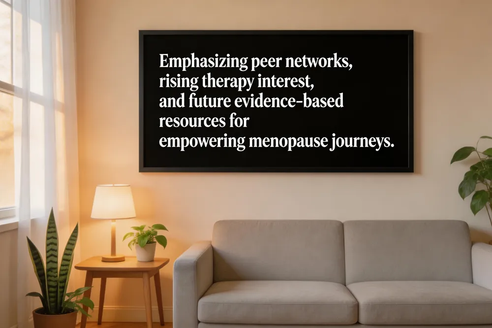 Emphasizing peer networks, rising therapy interest, and future evidence‑based resources for empowering menopause journeys.