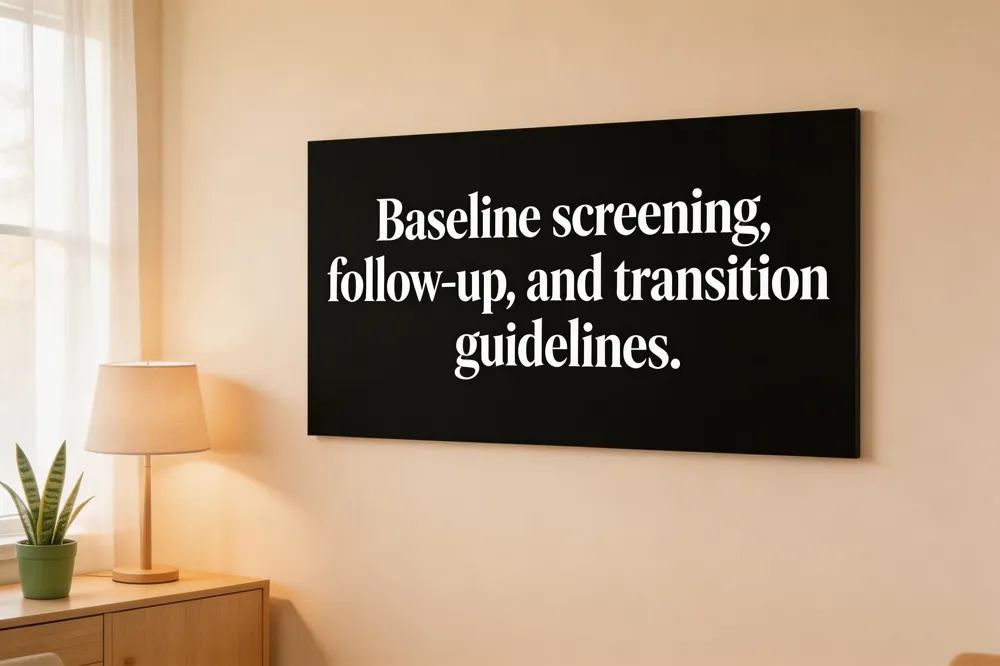 Baseline screening, follow‑up, and transition guidelines.