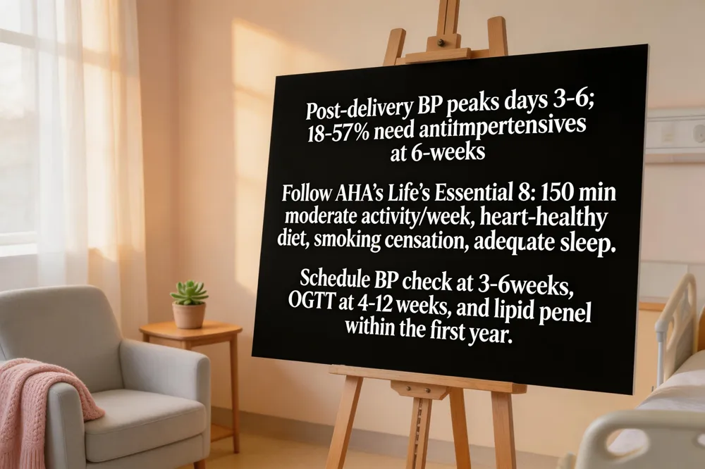 Post‑delivery BP peaks days 3‑6; 18‑57 % need antihypertensives at 6‑weeks‑ Follow AHA’s Life’s Essential 8: 150 min moderate activity/week, heart‑healthy diet, smoking cessation, adequate sleep. Schedule BP check at 3‑6 weeks, OGTT at 4‑12 weeks, and lipid panel within the first year.