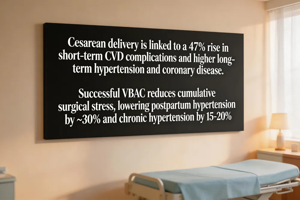 Cesarean delivery is linked to a 47 % rise in short‑term CVD complications and higher long‑term hypertension and coronary disease. Successful VBAC reduces cumulative surgical stress, lowering postpartum hypertension by ~30 % and chronic hypertension by 15‑20 %.