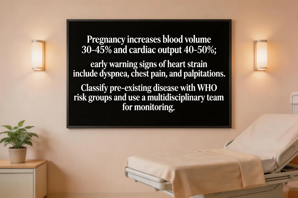 Pregnancy increases blood volume 30‑45 % and cardiac output 40‑50 %; early warning signs of heart strain include dyspnea, chest pain, and palpitations. Classify pre‑existing disease with WHO risk groups and use a multidisciplinary team for monitoring.