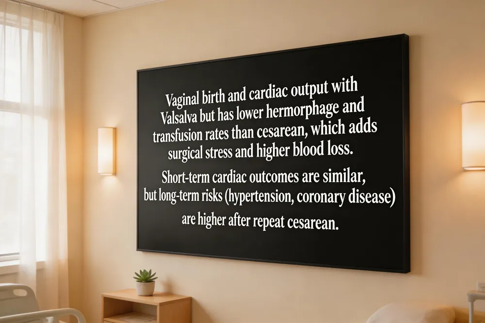 Vaginal birth and cardiac output with Valsalva but has lower hemorrhage and transfusion rates than cesarean, which adds surgical stress and higher blood loss. Short‑term cardiac outcomes are similar, but long‑term risks (hypertension, coronary disease) are higher after repeat cesarean.