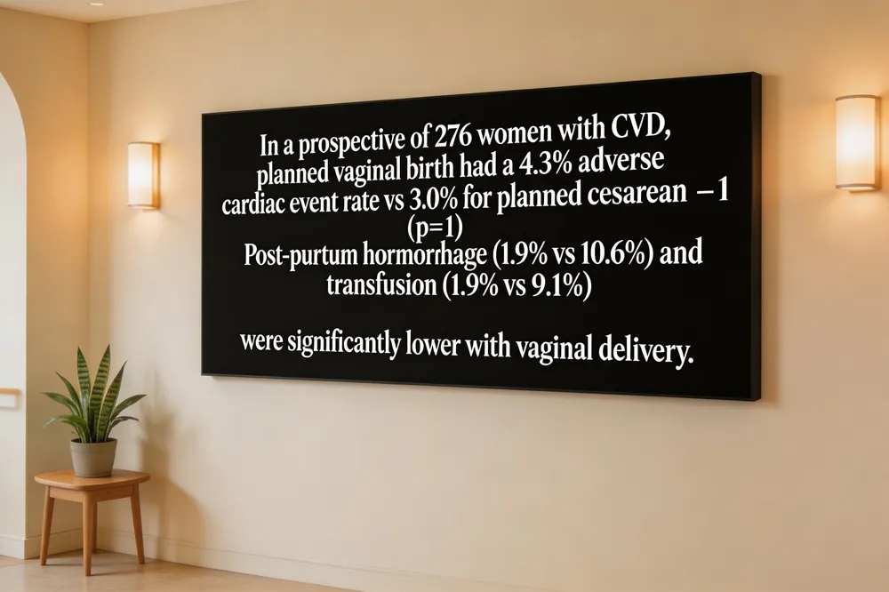 In a prospective of 276 women with CVD, planned vaginal birth had a 4.3 % adverse cardiac event rate vs 3.0 % for planned cesarean (p = 1). Post‑partum hemorrhage (1.9 % vs 10.6 %) and transfusion (1.9 % vs 9.1 %) were significantly lower with vaginal delivery.