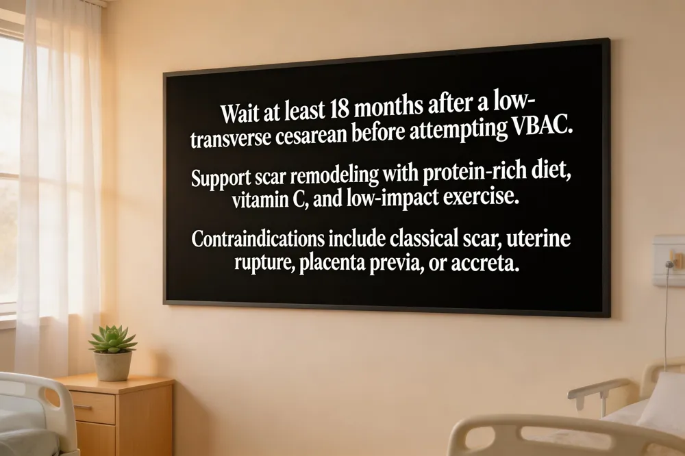 Wait at least 18 months after a low‑transverse cesarean before attempting VBAC. Support scar remodeling with protein‑rich diet, vitamin C, and low‑impact exercise. Contraindications include classical scar, uterine rupture, placenta previa, or accreta.