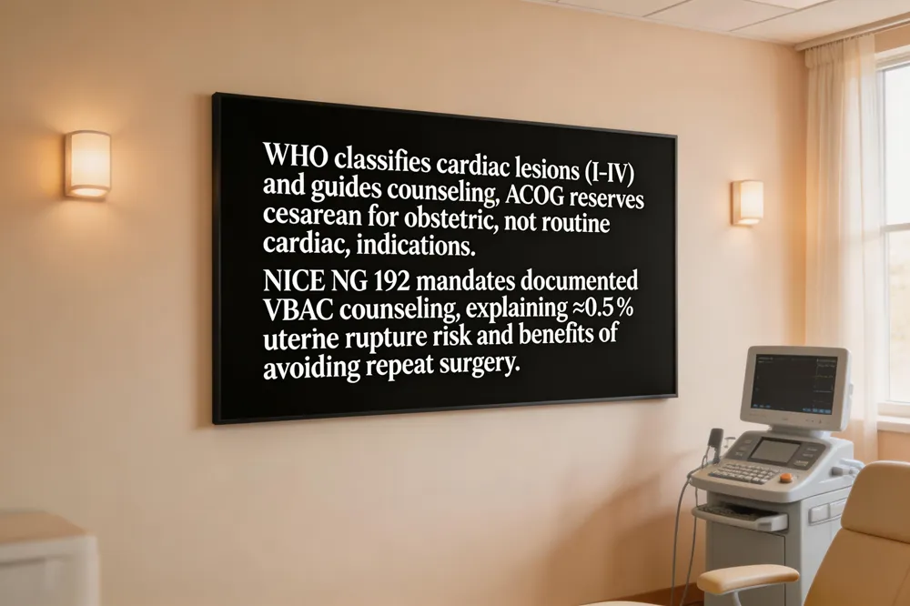 WHO classifies cardiac lesions (I‑IV) and guides counseling. ACOG reserves cesarean for obstetric, not routine cardiac, indications. NICE NG 192 mandates documented VBAC counseling, explaining ≈0.5 % uterine rupture risk and benefits of avoiding repeat surgery.