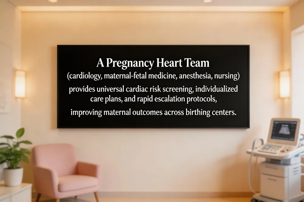 A Pregnancy Heart Team (cardiology, maternal‑fetal medicine, anesthesia, nursing) provides universal cardiac risk screening, individualized care plans, and rapid escalation protocols, improving maternal outcomes across birthing centers.