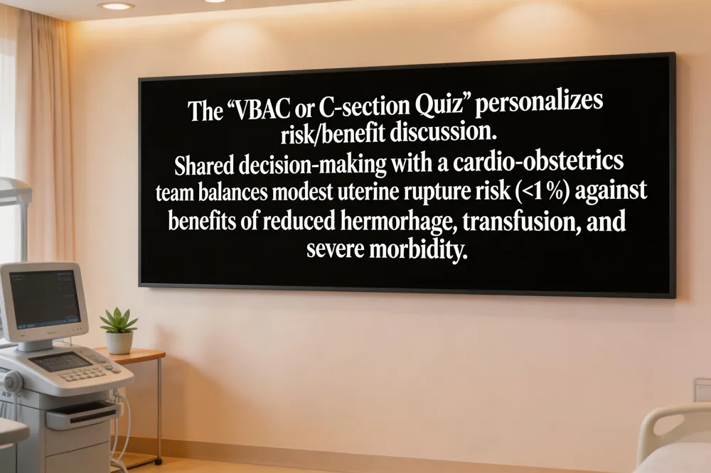 The ‘VBAC or C‑section Quiz’ personalizes risk/benefit discussion. Shared decision‑making with a cardio‑obstetrics team balances modest uterine rupture risk (<1 %) against benefits of reduced hemorrhage, transfusion, and severe morbidity.