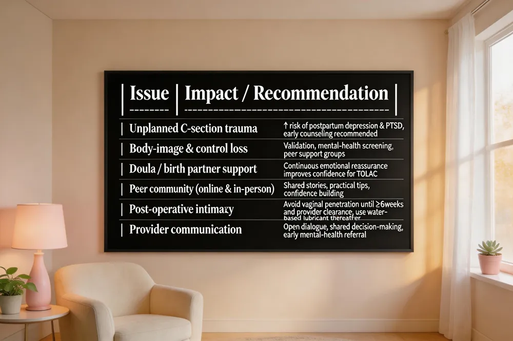 | Issue | Impact / Recommendation |
|-------|--------------------------|
| Unplanned C‑section trauma | ↑ risk of postpartum depression & PTSD; early counseling recommended |
| Body‑image & control loss | Validation, mental‑health screening, peer support groups |
| Doula / birth partner support | Continuous emotional reassurance improves confidence for TOLAC |
| Peer community (online & in‑person) | Shared stories, practical tips, confidence building |
| Post‑operative intimacy | Avoid vaginal penetration until ≥ 6 weeks and provider clearance; use water‑based lubricant thereafter |
| Provider communication | Open dialogue, shared decision‑making, early mental‑health referral |