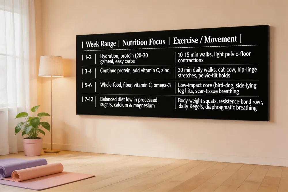 | Week Range | Nutrition Focus | Exercise / Movement |
|-----------|----------------|--------------------|
| 1‑2 | Hydration, protein (20‑30 g/meal), easy carbs | 10‑15 min walks, light pelvic‑floor contractions |
| 3‑4 | Continue protein, add vitamin C, zinc | 30 min daily walks, cat‑cow, hip‑hinge stretches, pelvic‑tilt holds |
| 5‑6 | Whole‑food, fiber, vitamin C, omega‑3 | Low‑impact core (bird‑dog, side‑lying leg lifts), scar‑tissue breathing
n| 7‑12 | Balanced diet low in processed sugars, calcium & magnesium | Body‑weight squats, resistance‑band rows, daily Kegels, breathing diaphragmatic breathing |