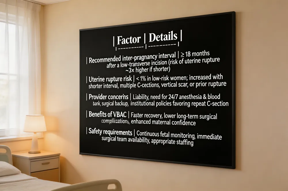 | Factor | Details |
|--------|---------|
| Recommended inter‑pregnancy interval | ≥ 18 months after a low‑transverse incision (risk of uterine rupture ~3× higher if shorter) |
| Uterine rupture risk | < 1 % in low‑risk women; increased with shorter interval, multiple C‑sections, vertical scar, or prior rupture |
| Provider concerns | Liability, need for 24/7 anesthesia & blood bank, surgical backup, institutional policies favoring repeat C‑section |
| Benefits of VBAC | Faster recovery, lower long‑term surgical complications, enhanced maternal confidence |
| Safety requirements | Continuous fetal monitoring, immediate surgical team availability, appropriate staffing |