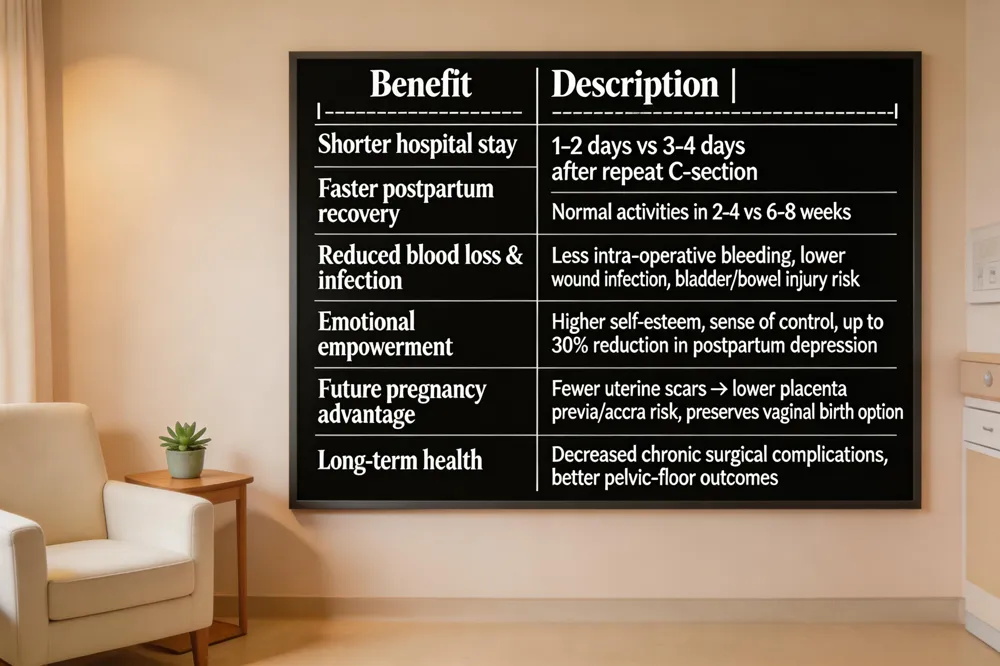 | Benefit | Description |
|---------|-------------|
| Shorter hospital stay | 1‑2 days vs 3‑4 days after repeat C‑section |
| Faster postpartum recovery | Normal activities in 2‑4 weeks vs 6‑8 weeks |
| Reduced blood loss & infection | Less intra‑operative bleeding, lower wound infection, bladder/bowel injury risk |
| Emotional empowerment | Higher self‑esteem, sense of control, up to 30 % reduction in postpartum depression |
| Future pregnancy advantage | Fewer uterine scars → lower placenta previa/accra risk, preserves vaginal birth option |
| Long‑term health | Decreased chronic surgical complications, better pelvic‑floor outcomes |