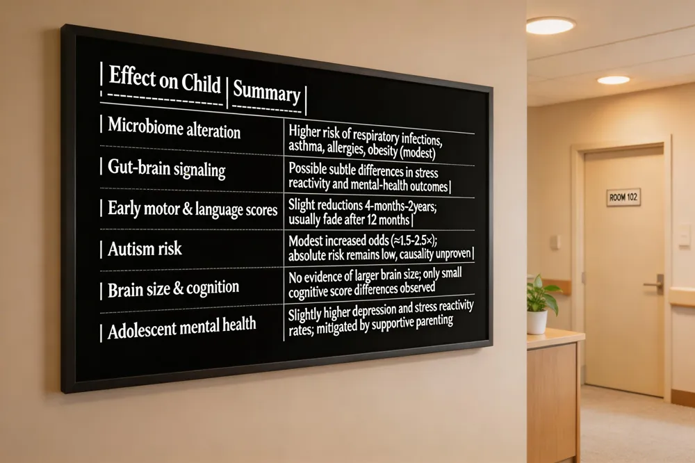 | Effect on Child | Summary |
|-----------------|---------|
| Microbiome alteration | Higher risk of respiratory infections, asthma, allergies, obesity (modest) |
| Gut‑brain signaling | Possible subtle differences in stress reactivity and mental‑health outcomes |
| Early motor & language scores | Slight reductions 4‑months‑2 years; usually fade after 12 months |
| Autism risk | Modest increased odds (≈1.5‑2.5×); absolute risk remains low, causality unproven |
| Brain size & cognition | No evidence of larger brain size; only small cognitive score differences observed |
| Adolescent mental health | Slightly higher depression and stress reactivity rates; mitigated by supportive parenting |