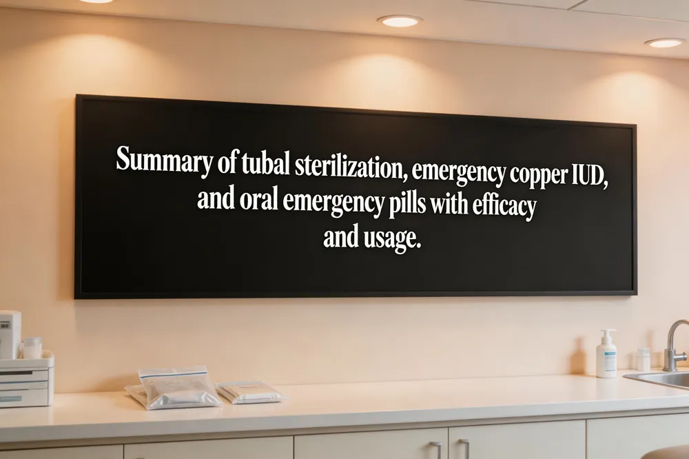 Summary of tubal sterilization, emergency copper IUD, and oral emergency pills with efficacy and usage.