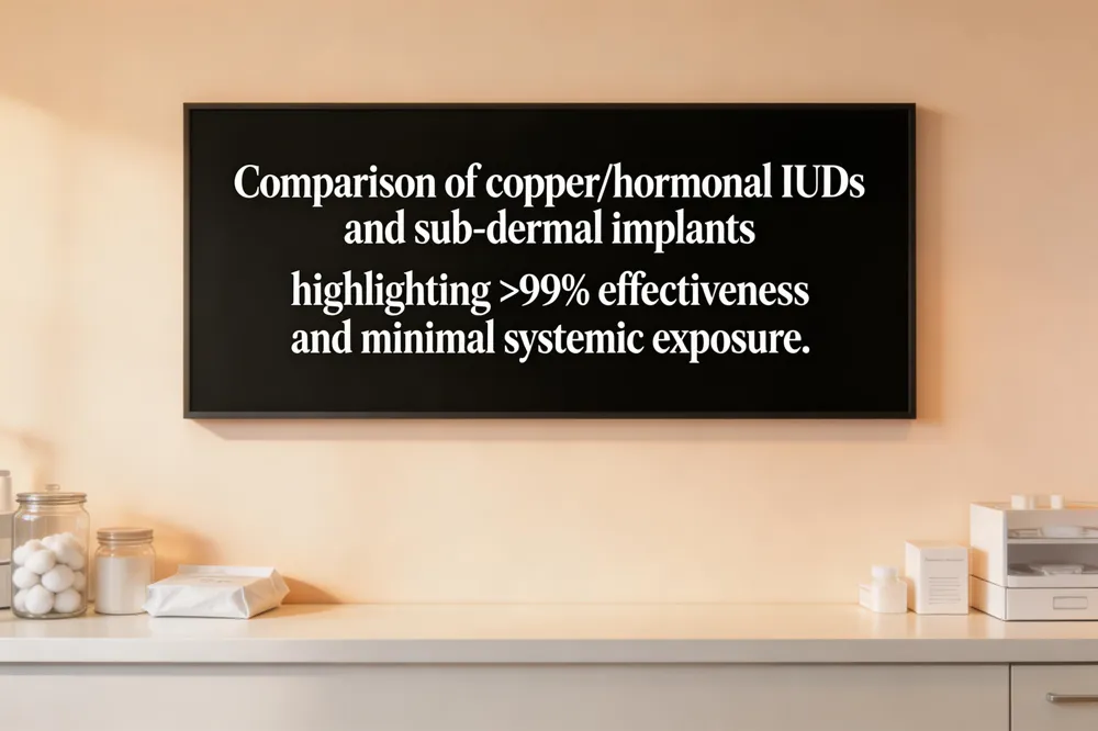 Comparison of copper/hormonal IUDs and sub‑dermal implants highlighting >99% effectiveness and minimal systemic exposure.