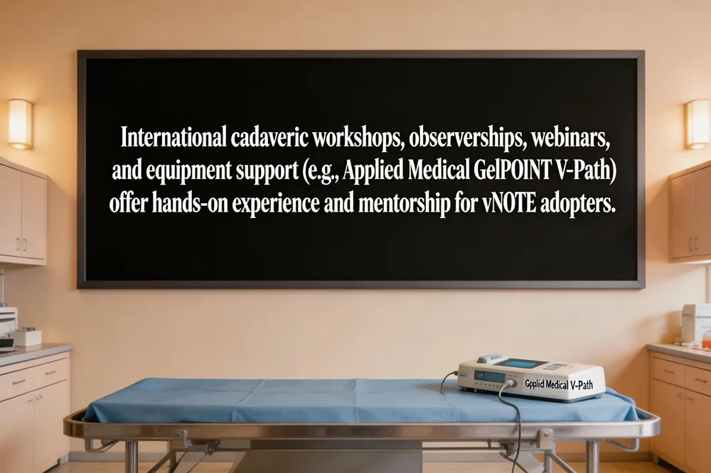 International cadaveric workshops, observerships, webinars, and equipment support (e.g., Applied Medical GelPOINT V‑Path) offer hands‑on experience and mentorship for vNOTE adopters.