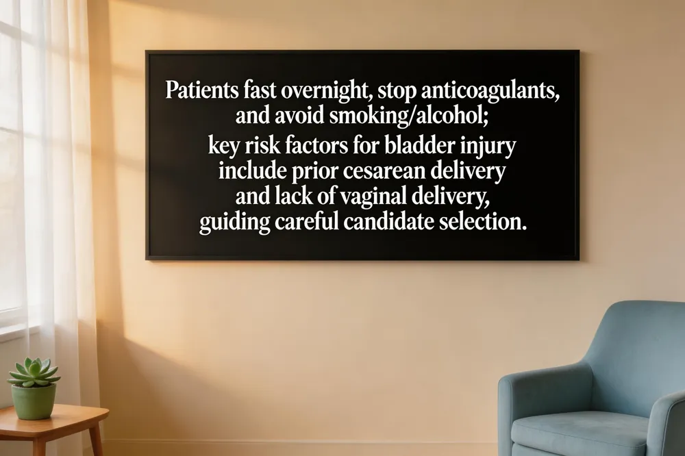 Patients fast overnight, stop anticoagulants, and avoid smoking/alcohol; key risk factors for bladder injury include prior cesarean delivery and lack of vaginal delivery, guiding careful candidate selection.