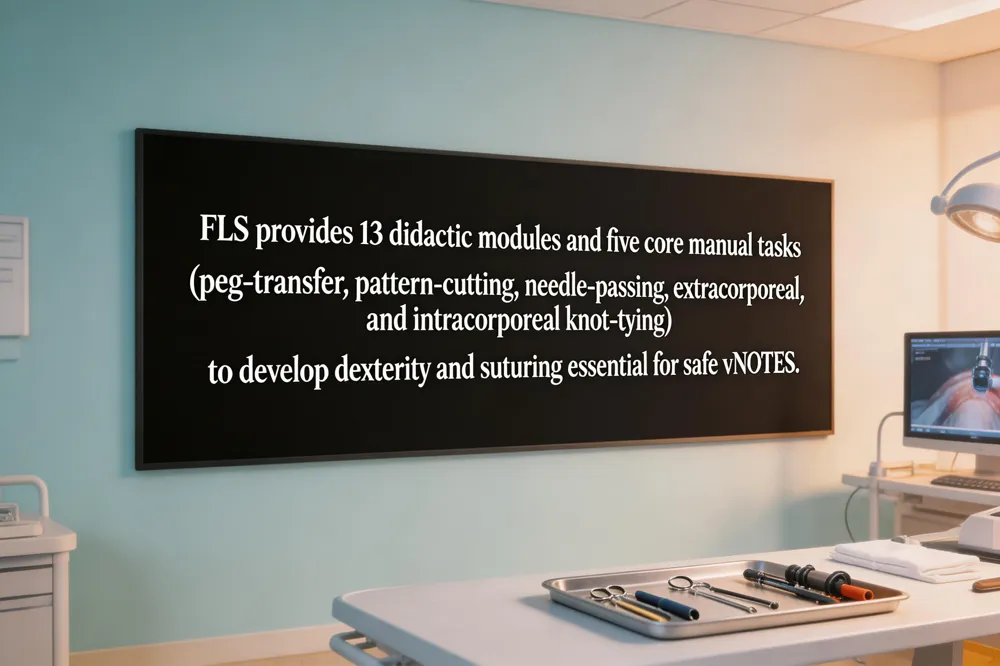 FLS provides 13 didactic modules and five core manual tasks (peg‑transfer, pattern‑cutting, needle‑passing, extracorporeal and intracorporeal knot‑tying) to develop dexterity and suturing essential for safe vNOTES.