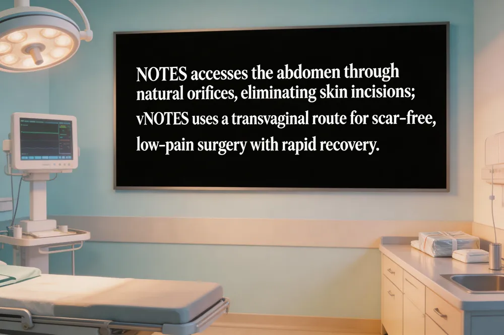 NOTES accesses the abdomen through natural orifices, eliminating skin incisions; vNOTES uses a transvaginal route for scar‑free, low‑pain surgery with rapid recovery.
