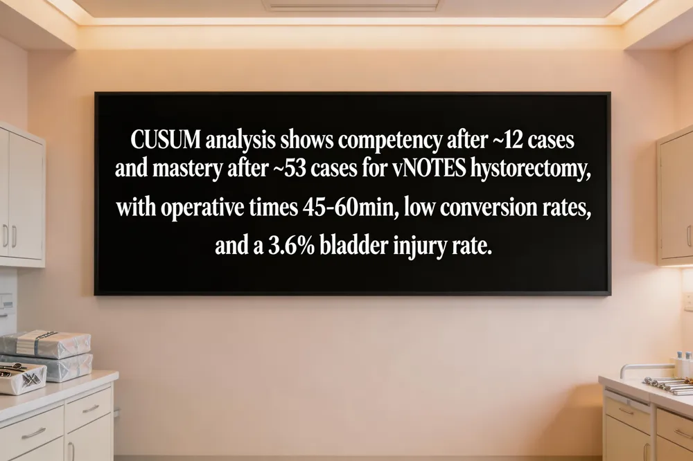CUSUM analysis shows competency after ~12 cases and mastery after ~53 cases for vNOTES hysterectomy, with operative times 45‑60 min, low conversion rates, and a 3.6 % bladder injury rate.