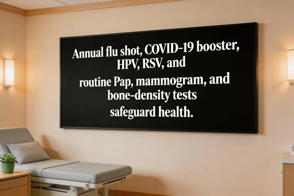 Annual flu shot, COVID‑19 booster, HPV, RSV, and routine Pap, mammogram, and bone‑density tests safeguard health.