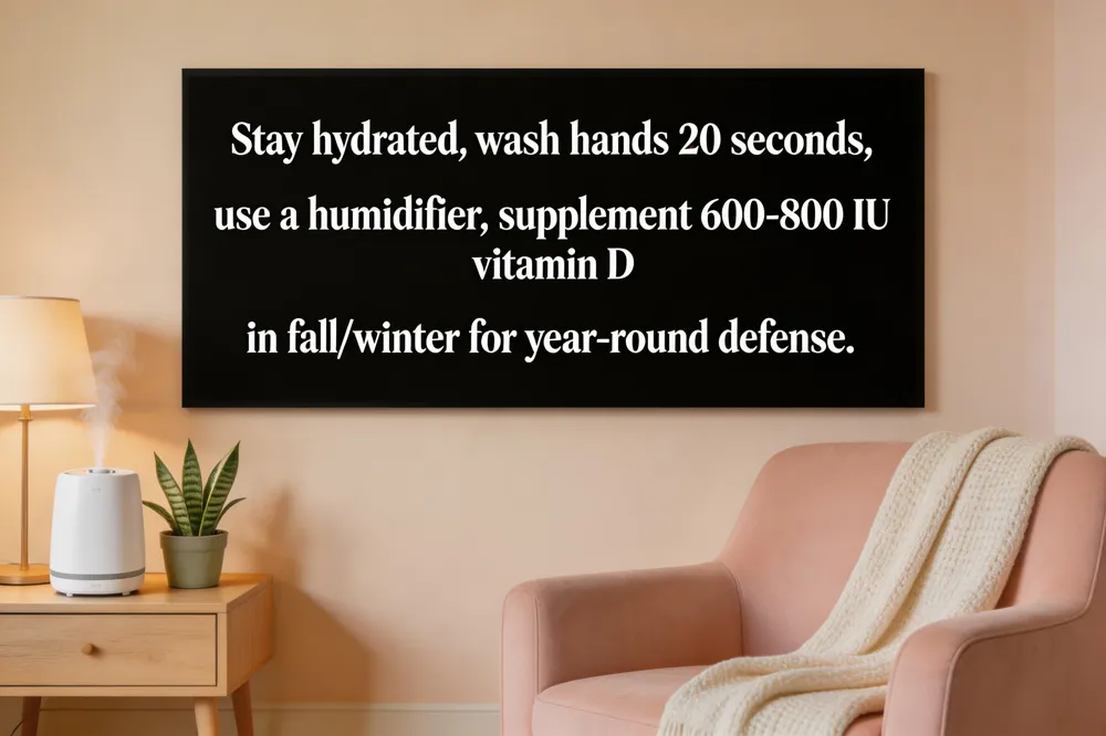 Stay hydrated, wash hands 20 seconds, use a humidifier, and supplement 600‑800 IU vitamin D in fall/winter for year‑round defense.