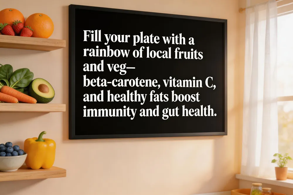 Fill your plate with a rainbow of local fruits and veg—beta‑carotene, vitamin C, and healthy fats boost immunity and gut health.