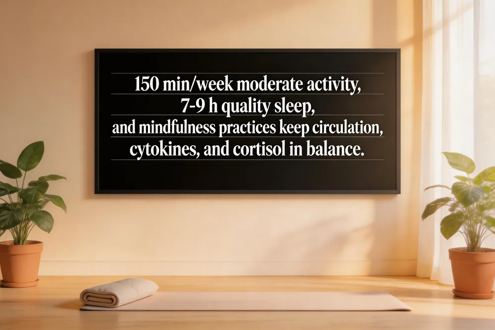 150 min/week moderate activity, 7‑9 h quality sleep, and mindfulness practices keep circulation, cytokines, and cortisol in balance.