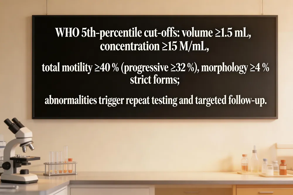WHO 5th‑percentile cut‑offs: volume ≥1.5 mL, concentration ≥15 M/mL, total motility ≥40 % (progressive ≥32 %), morphology ≥4 % strict forms; abnormalities trigger repeat testing and targeted follow‑up.