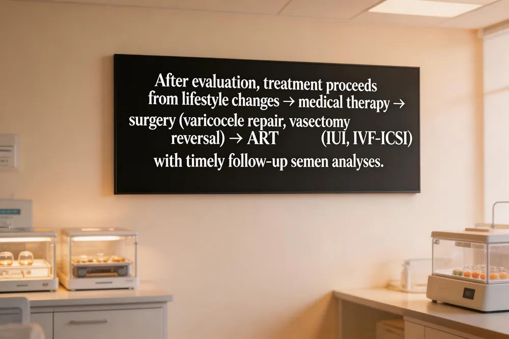 After evaluation, treatment proceeds from lifestyle changes → medical therapy → surgery (varicocele repair, vasectomy reversal) → ART (IUI, IVF‑ICSI) with timely follow‑up semen analyses.