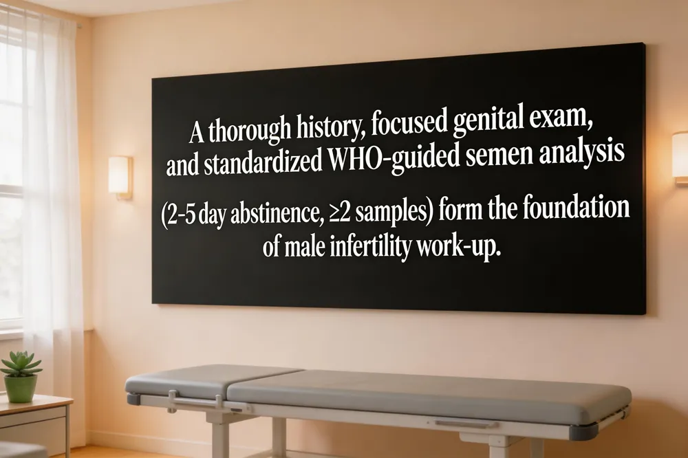 A thorough history, focused genital exam, and standardized WHO‑guided semen analysis (2‑5 day abstinence, ≥2 samples) form the foundation of male infertility work‑up.