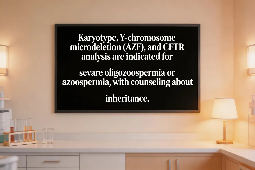Karyotype, Y‑chromosome microdeletion (AZF), and CFTR analysis are indicated for severe oligozoospermia or azoospermia, with counseling about inheritance.