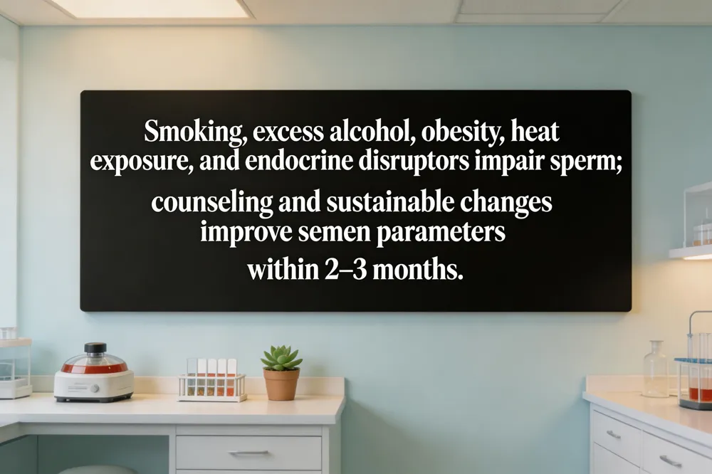Smoking, excess alcohol, obesity, heat exposure, and endocrine disruptors impair sperm; counseling and sustainable changes improve semen parameters within 2‑3 months.