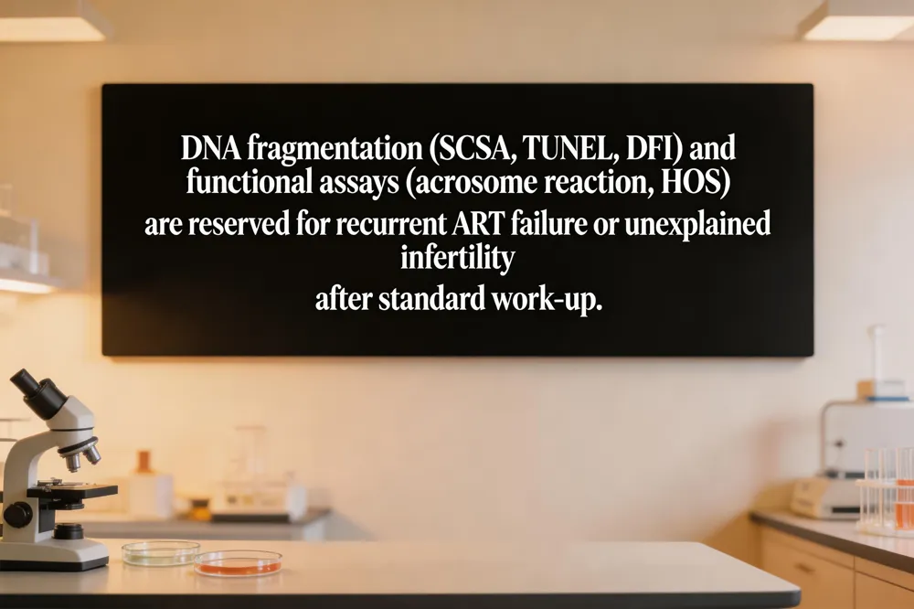 DNA fragmentation (SCSA, TUNEL, DFI) and functional assays (acrosome reaction, HOS) are reserved for recurrent ART failure or unexplained infertility after standard work‑up.