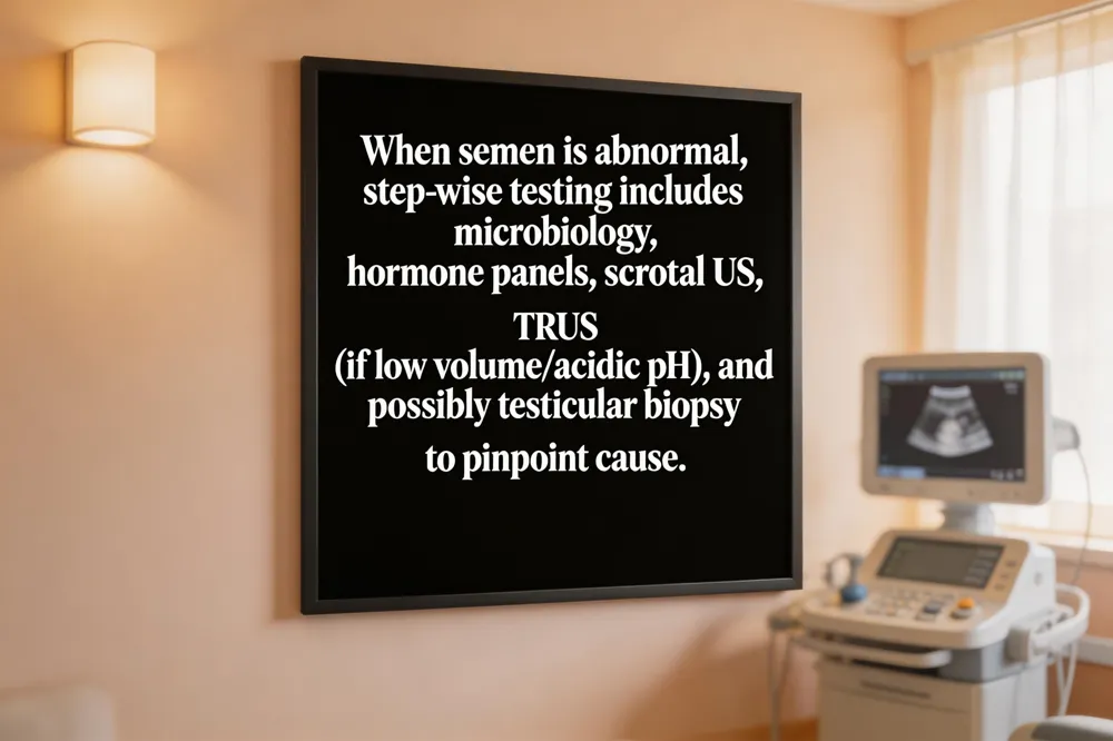 When semen is abnormal, step‑wise testing includes microbiology, hormone panels, scrotal US, TRUS (if low volume/acidic pH), and possibly testicular biopsy to pinpoint cause.