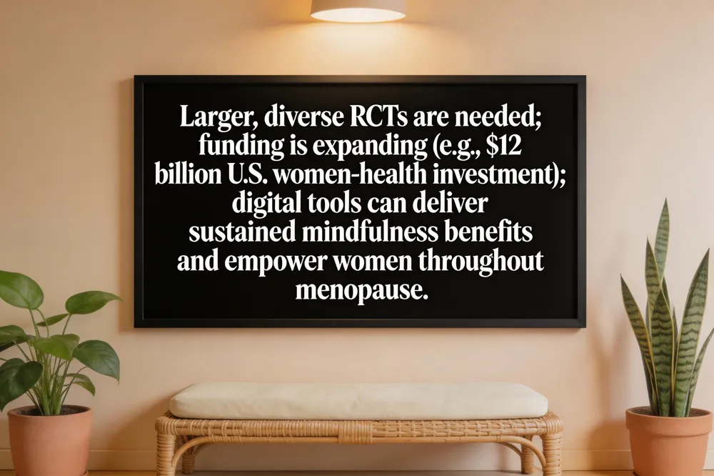 Larger, diverse RCTs are needed; funding is expanding (e.g., $12 billion U.S. women‑health investment); digital tools can deliver sustained mindfulness benefits and empower women throughout menopause.