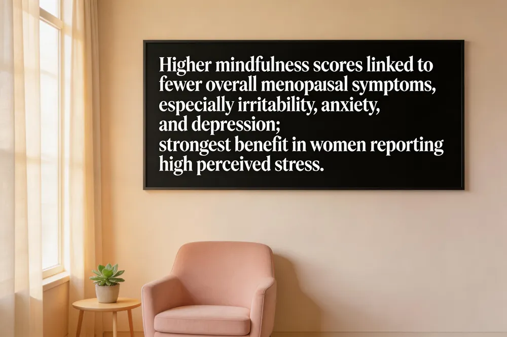 Higher mindfulness scores linked to fewer overall menopausal symptoms, especially irritability, anxiety, and depression; strongest benefit in women reporting high perceived stress.