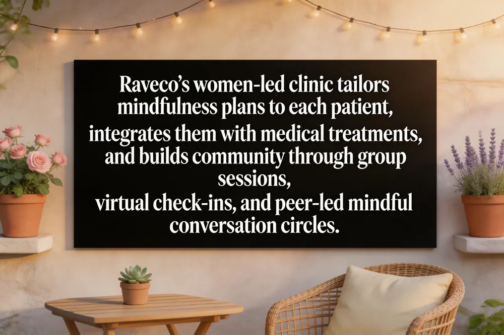 Raveco’s women‑led clinic tailors mindfulness plans to each patient, integrates them with medical treatments, and builds community through group sessions, virtual check‑ins, and peer‑led mindful conversation circles.