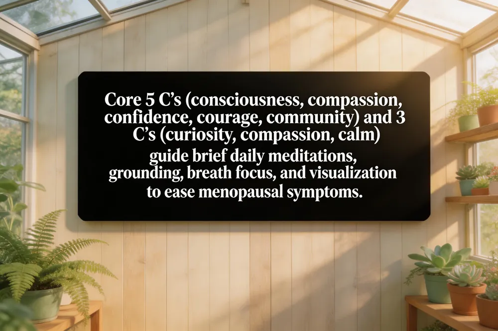 Core 5 C’s (consciousness, compassion, confidence, courage, community) and 3 C’s (curiosity, compassion, calm) guide brief daily meditations, grounding, breath focus, and visualization to ease menopausal symptoms.