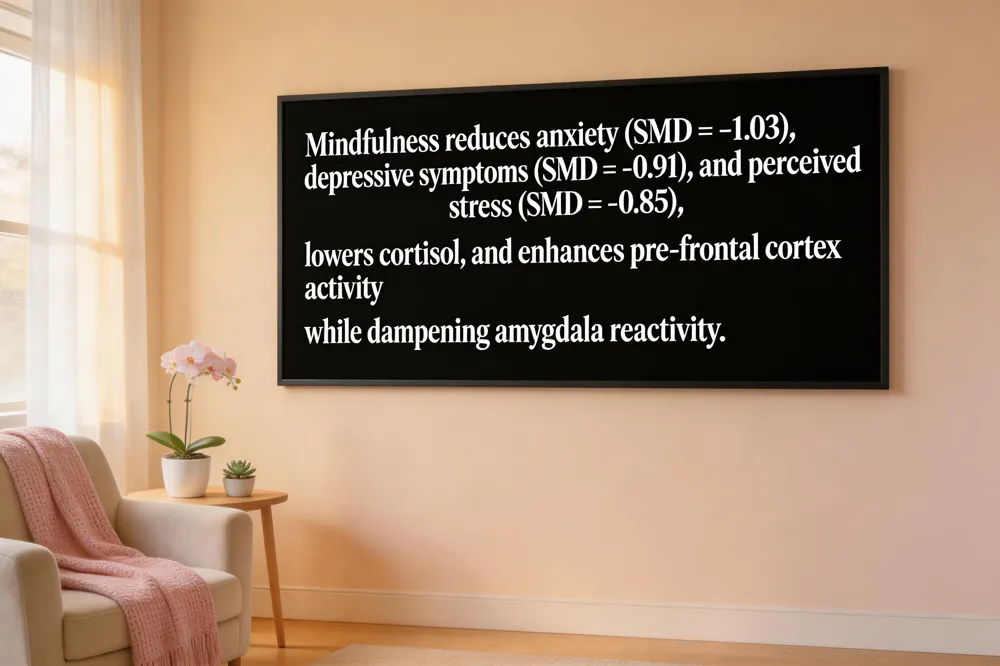Mindfulness reduces anxiety (SMD = ‑1.03), depressive symptoms (SMD = ‑0.91), and perceived stress (SMD = ‑0.85), lowers cortisol, and enhances pre‑frontal cortex activity while dampening amygdala reactivity.