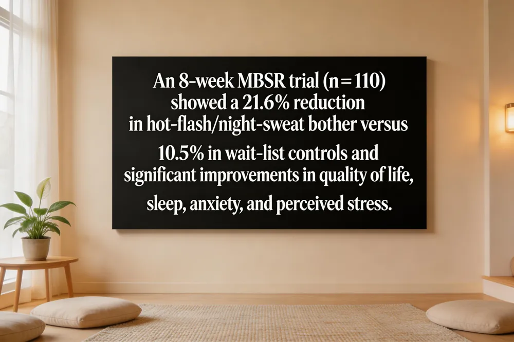 An 8‑week MBSR trial (n = 110) showed a 21.6 % reduction in hot‑flash/night‑sweat bother versus 10.5 % in wait‑list controls and significant improvements in quality of life, sleep, anxiety, and perceived stress.