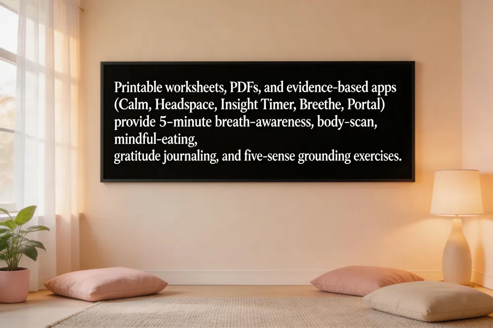 Printable worksheets, PDFs, and evidence‑based apps (Calm, Headspace, Insight Timer, Breethe, Portal) provide 5‑minute breath‑awareness, body‑scan, mindful‑eating, gratitude journaling, and five‑sense grounding exercises.