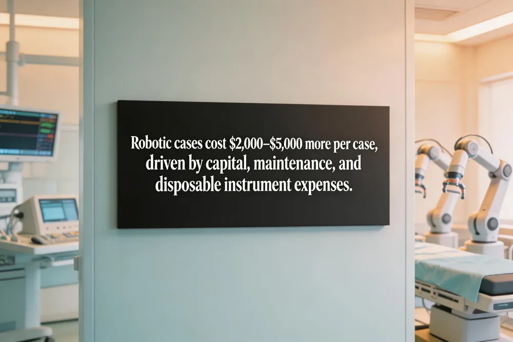 Robotic cases cost $2,000–$5,000 more per case, driven by capital, maintenance, and disposable instrument expenses.
