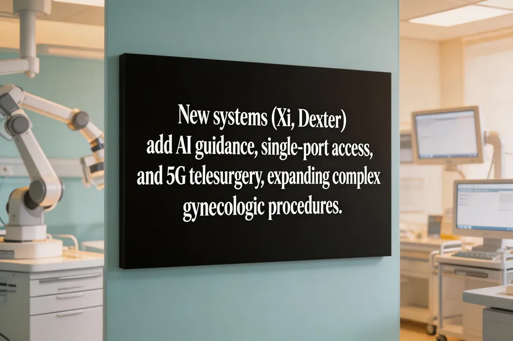 New systems (Xi, Dexter) add AI guidance, single‑port access, and 5G telesurgery, expanding complex gynecologic procedures.