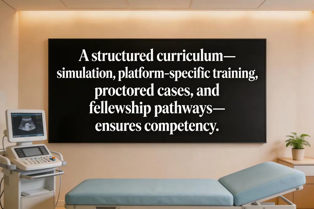 A structured curriculum—simulation, platform‑specific training, proctored cases, and fellowship pathways—ensures competency.