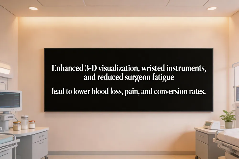 Enhanced 3‑D visualization, wristed instruments, and reduced surgeon fatigue lead to lower blood loss, pain, and conversion rates.